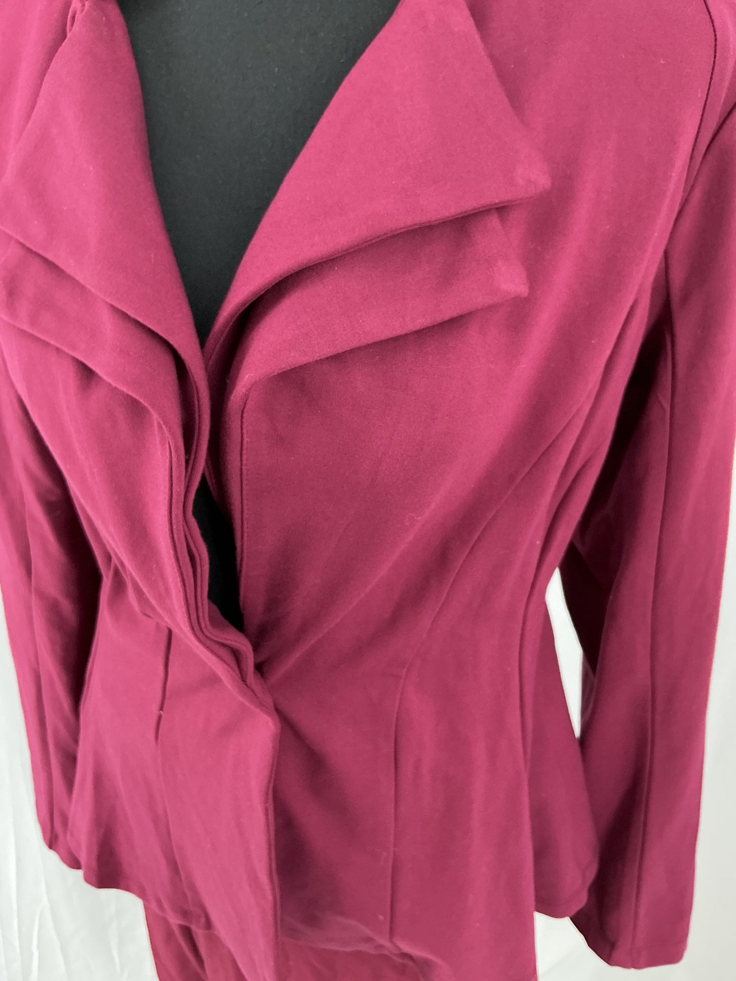 Wine Red Tailored Skirt Suit with Flared Skirt and Unique Stand Collar Jacket Size L