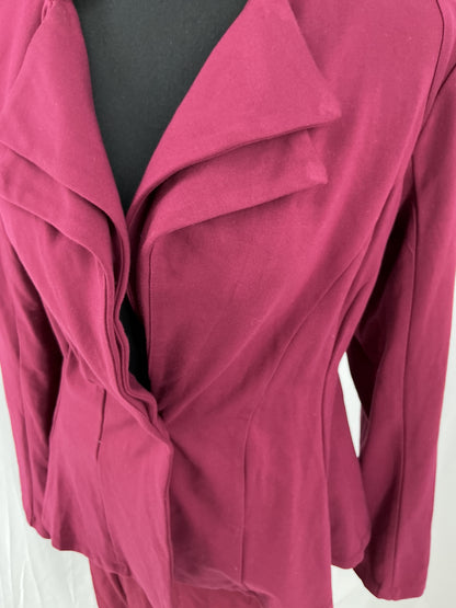 Wine Red Tailored Skirt Suit with Flared Skirt and Unique Stand Collar Jacket Size L