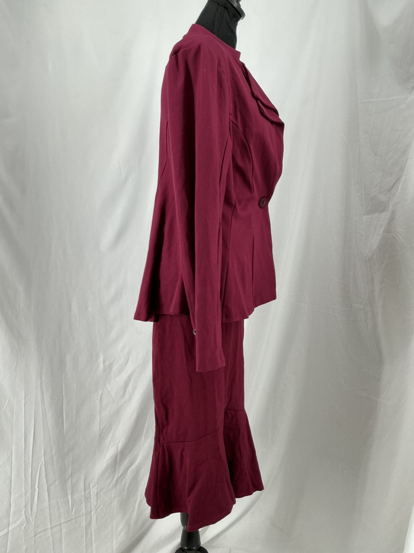 Wine Red Tailored Skirt Suit with Flared Skirt and Unique Stand Collar Jacket Size L