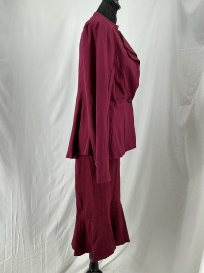 Wine Red Tailored Skirt Suit with Flared Skirt and Unique Stand Collar Jacket Size L