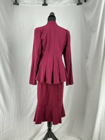 Wine Red Tailored Skirt Suit with Flared Skirt and Unique Stand Collar Jacket Size L