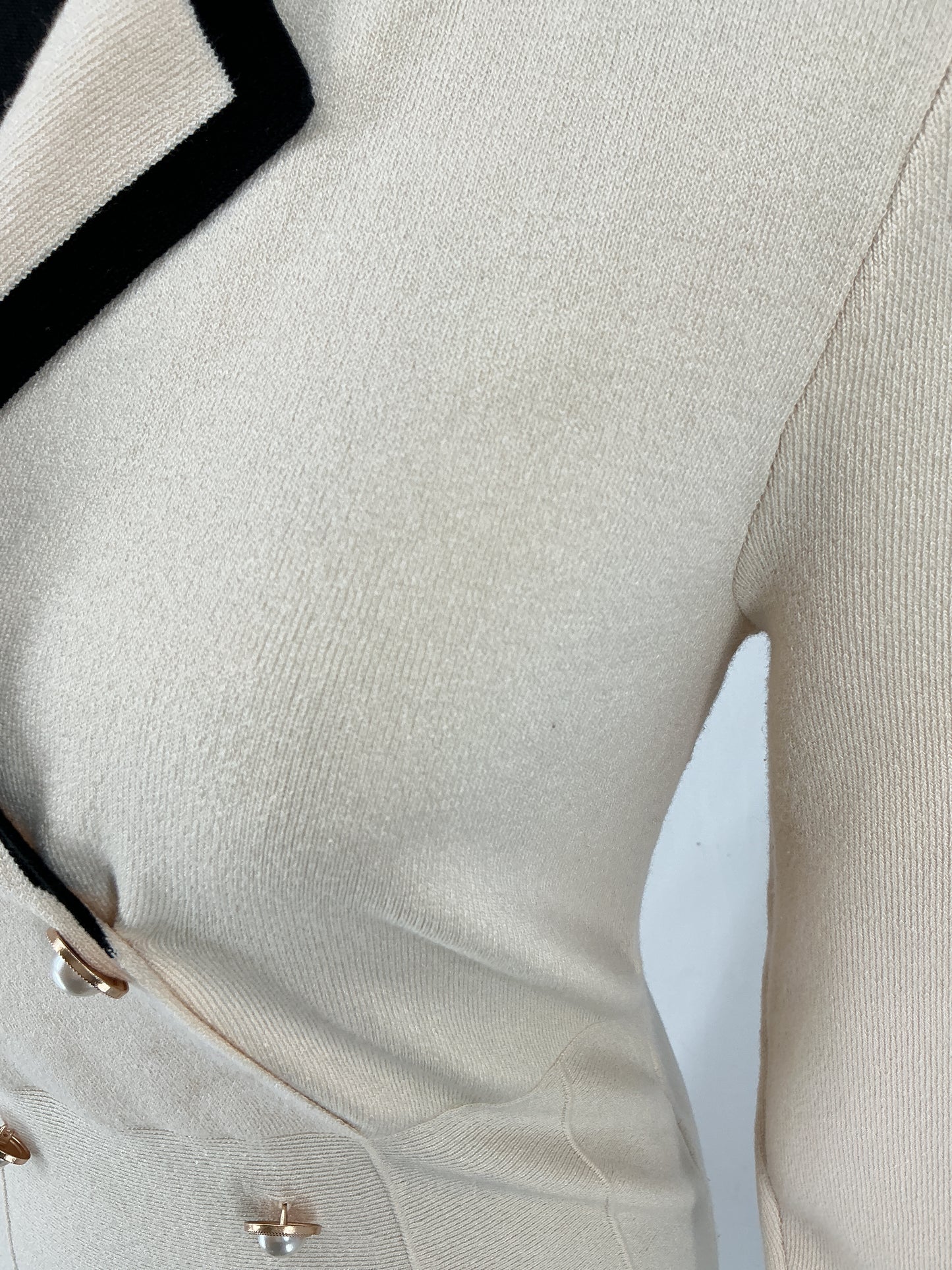 Retro Cream Double Breasted Sweater Dress with Black Contrast Lapel Size M