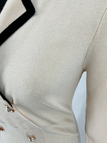Retro Cream Double Breasted Sweater Dress with Black Contrast Lapel Size M