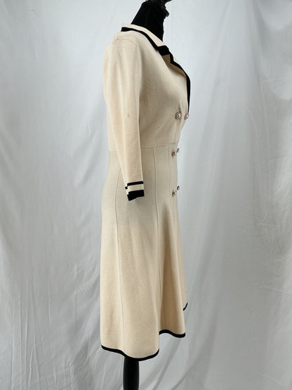Retro Cream Double Breasted Sweater Dress with Black Contrast Lapel Size M