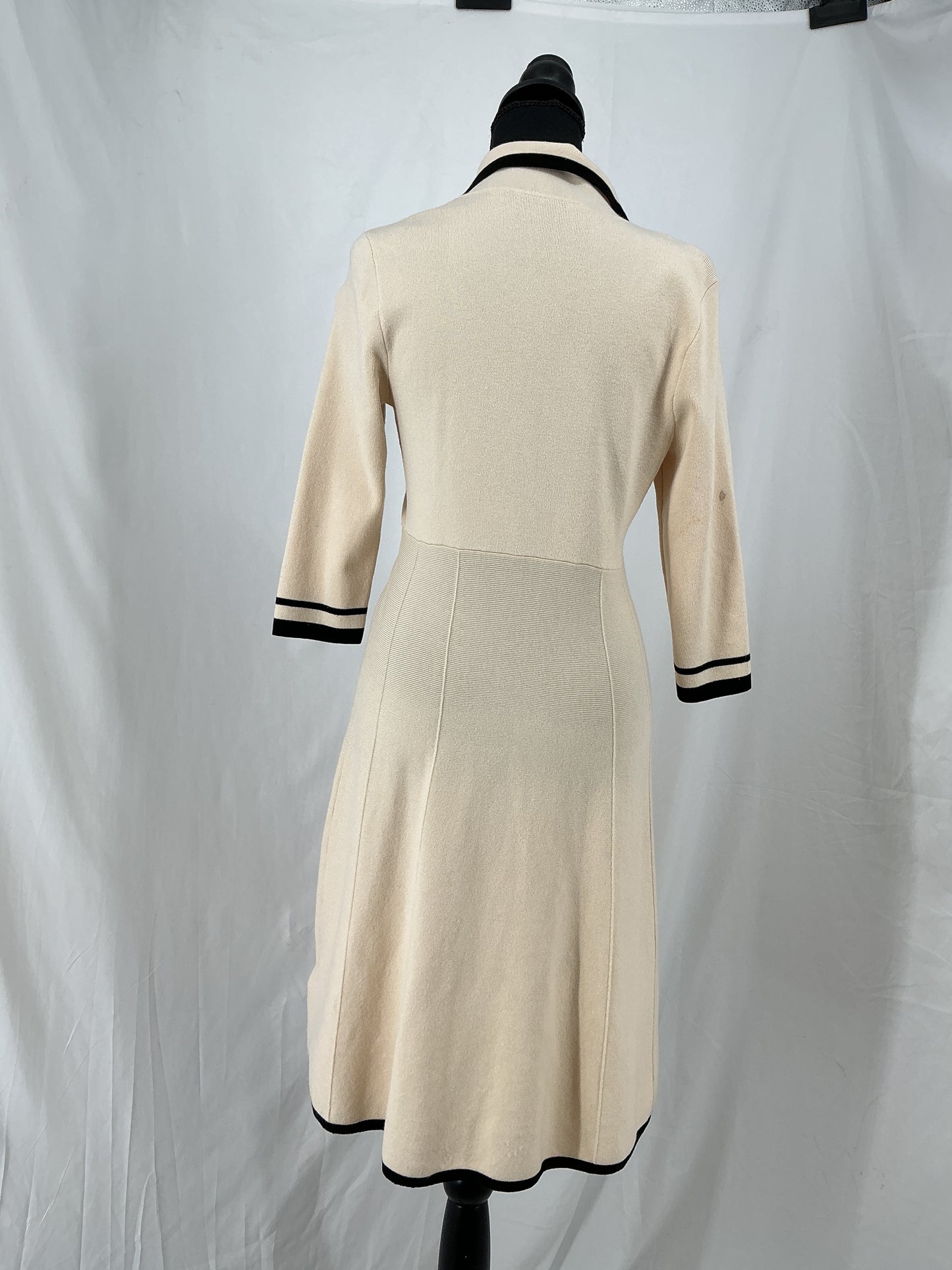 Retro Cream Double Breasted Sweater Dress with Black Contrast Lapel Size M