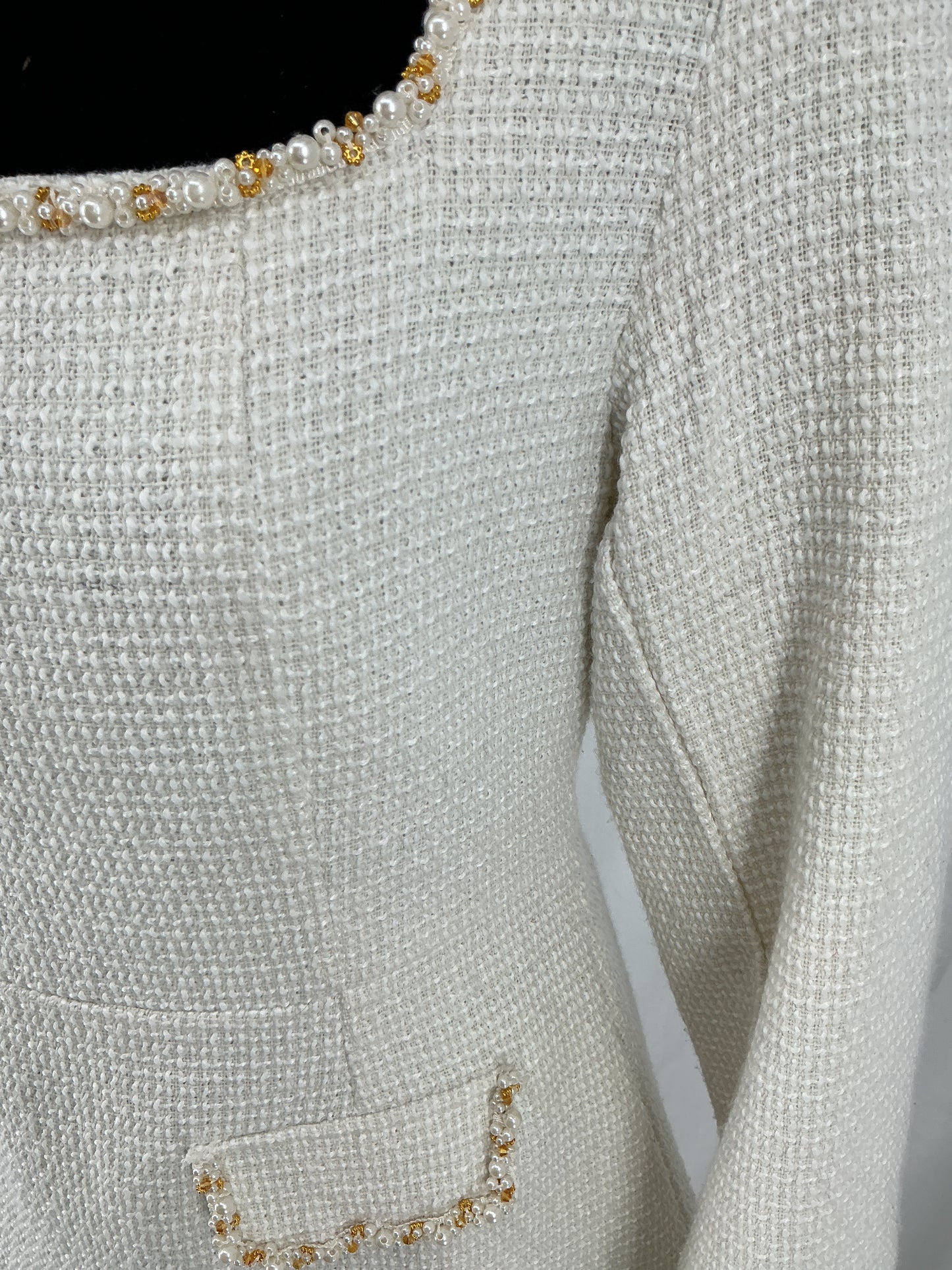 Ivory Boucle Shift Dress with Embellished Square Neck Size S