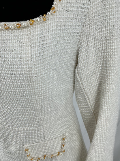 Ivory Boucle Shift Dress with Embellished Square Neck Size S