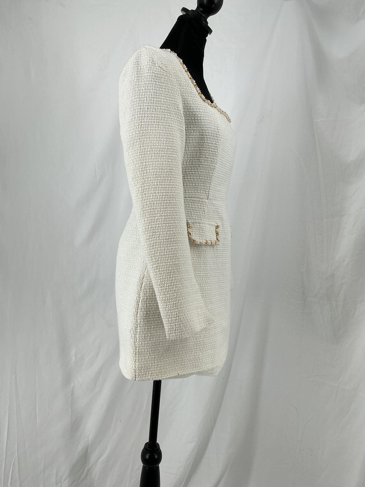 Ivory Boucle Shift Dress with Embellished Square Neck Size S