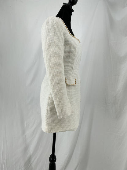 Ivory Boucle Shift Dress with Embellished Square Neck Size S