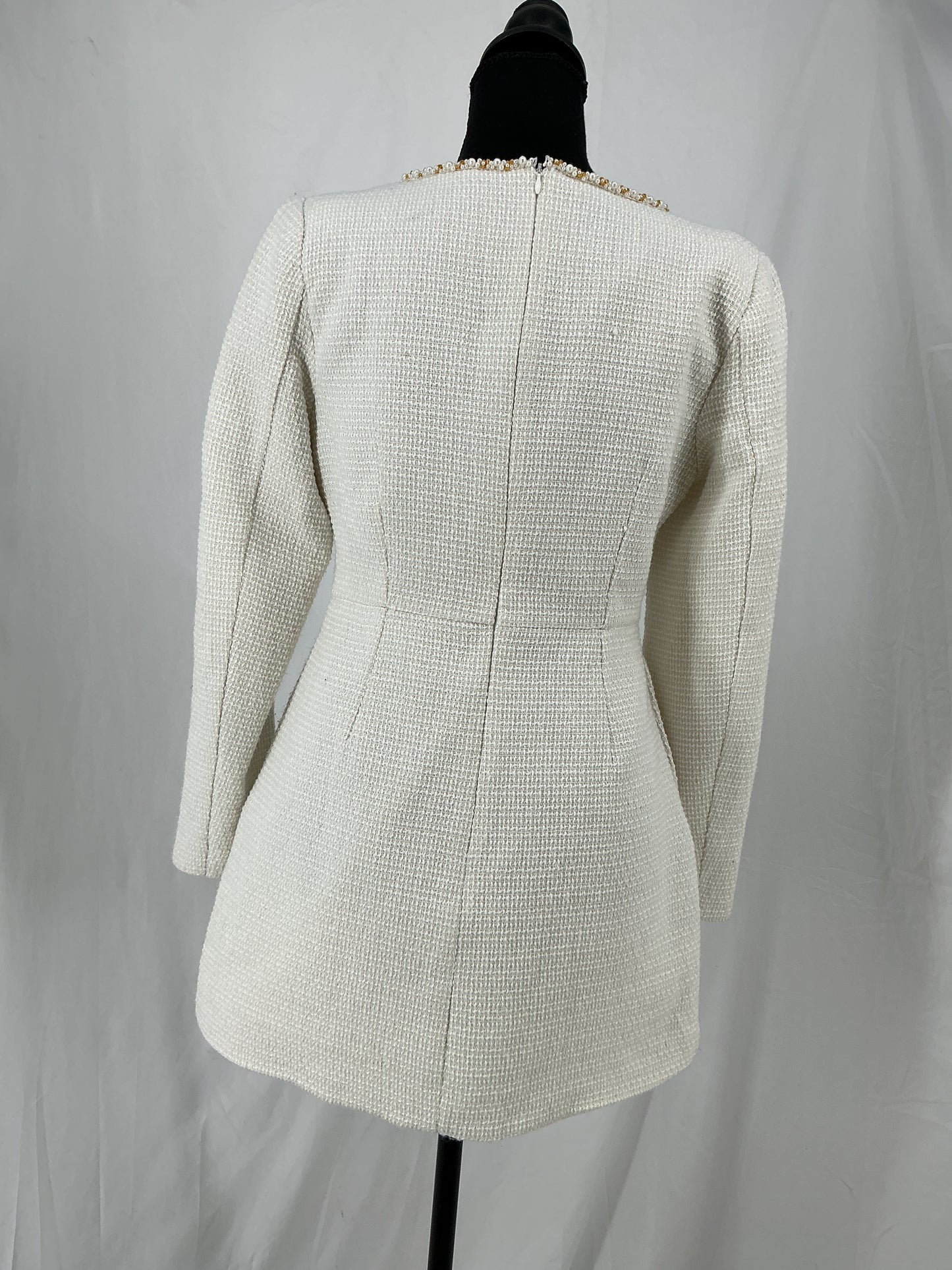 Ivory Boucle Shift Dress with Embellished Square Neck Size S