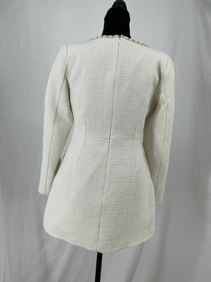 Ivory Boucle Shift Dress with Embellished Square Neck Size S