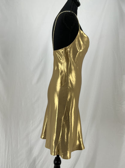ZARA Luminous Gold Silky Cowl Neck Cocktail Dress Size XS