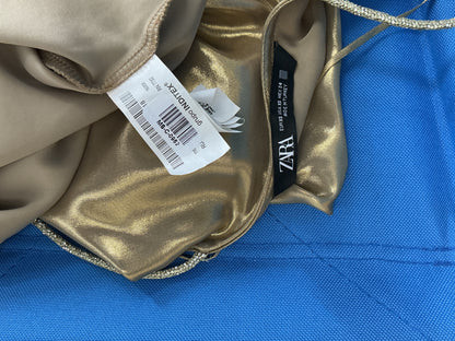 ZARA Luminous Gold Silky Cowl Neck Cocktail Dress Size XS