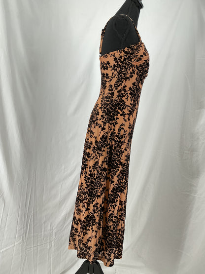 Terracotta Flocked Velvet Floral Midi Slip Dress Size S