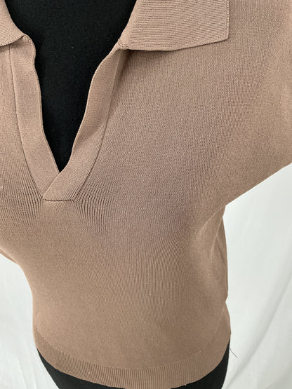 Taupe Rib Knit Cap Sleeve Polo Top Size S