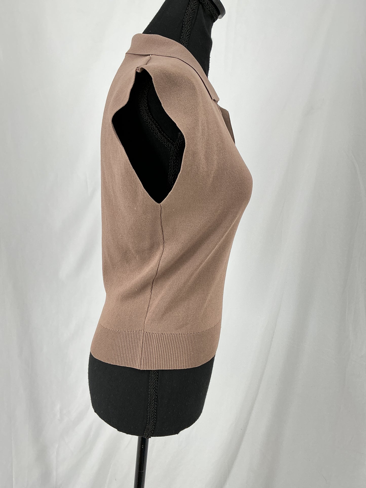 Taupe Rib Knit Cap Sleeve Polo Top Size S