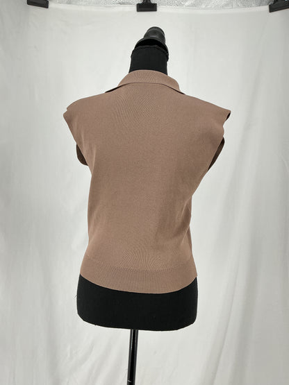 Taupe Rib Knit Cap Sleeve Polo Top Size S