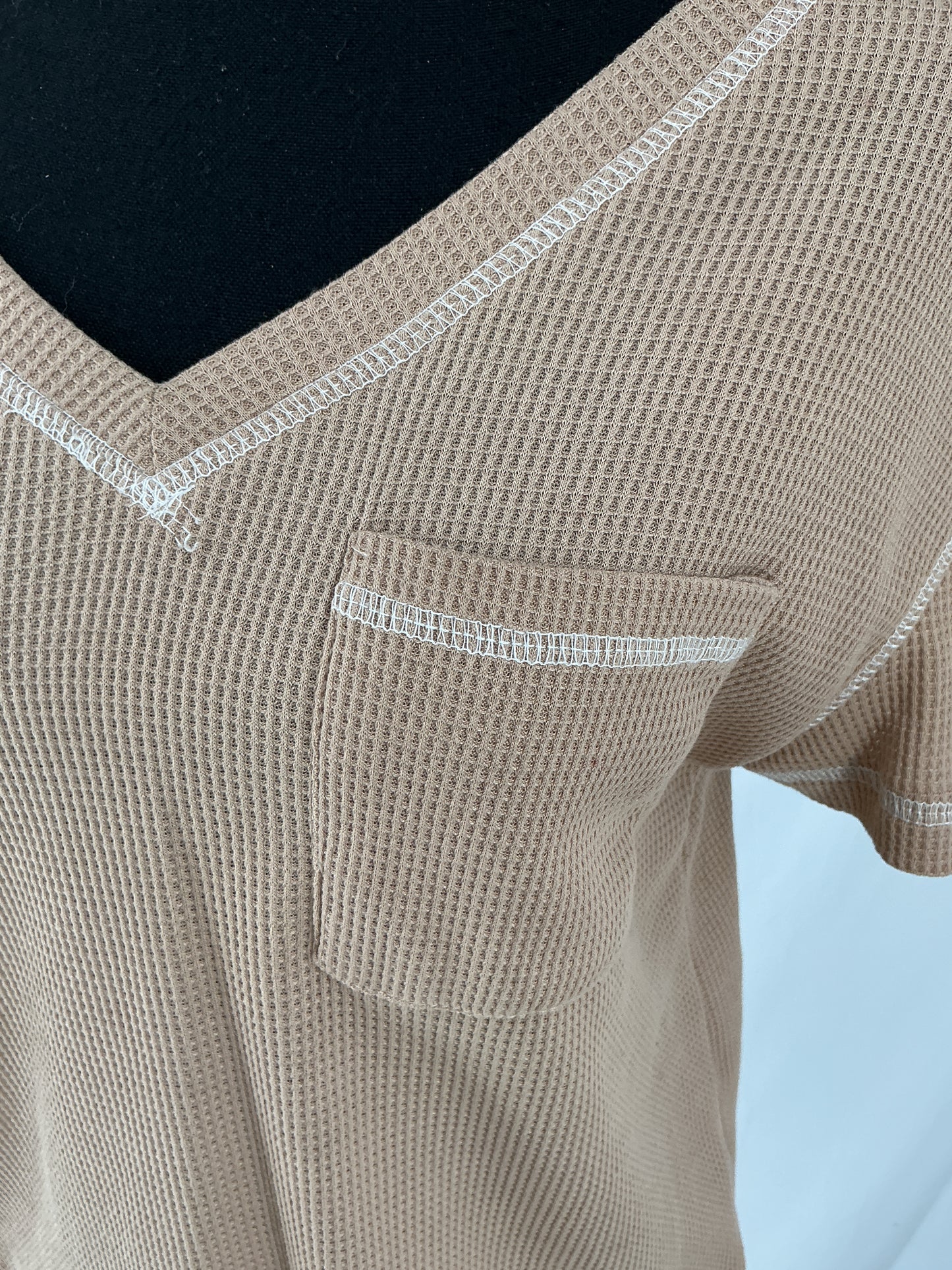 SHEIN Taupe Waffle Knit T-Shirt with Contrast Stitch Detail Size S