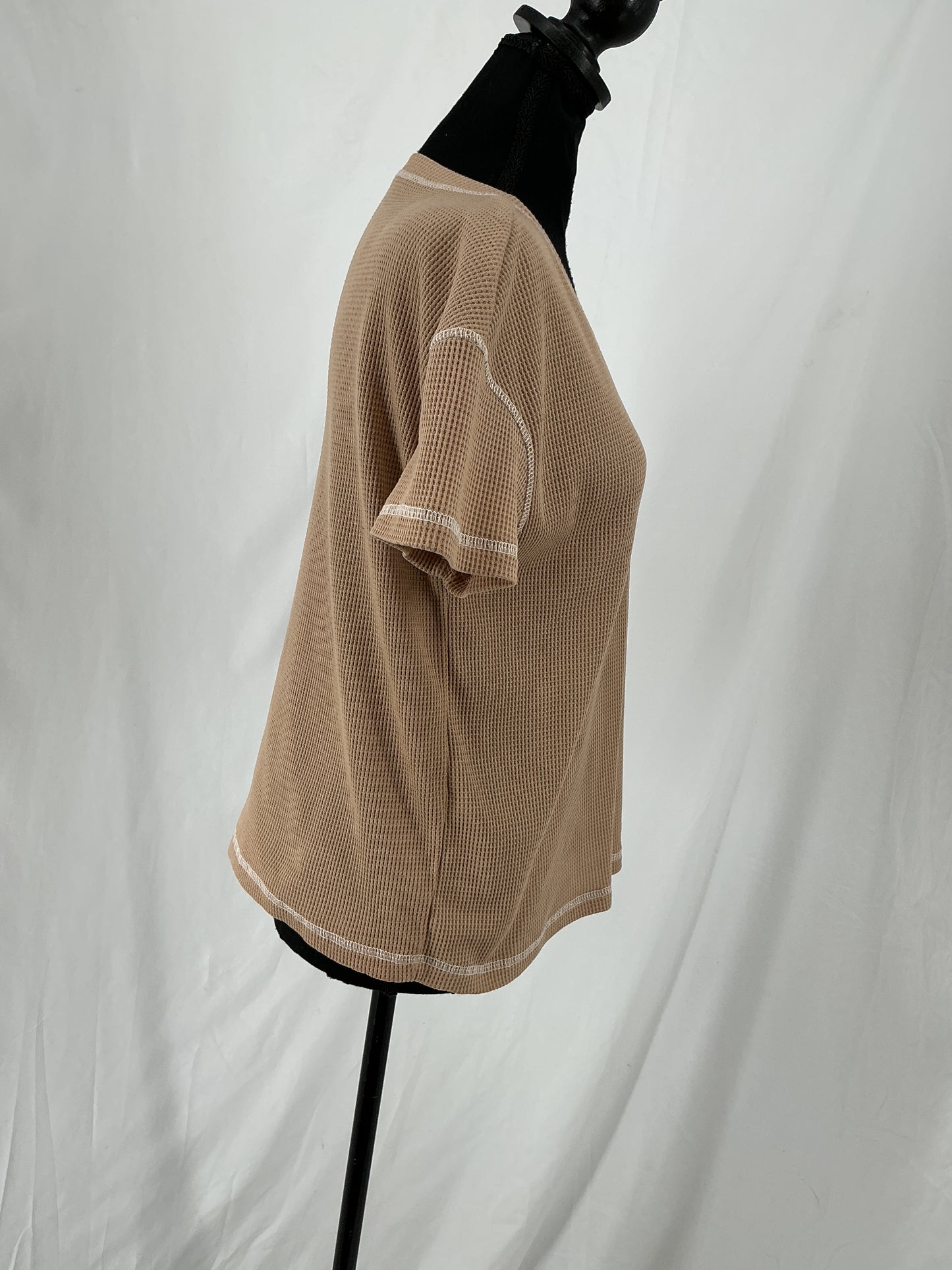 SHEIN Taupe Waffle Knit T-Shirt with Contrast Stitch Detail Size S