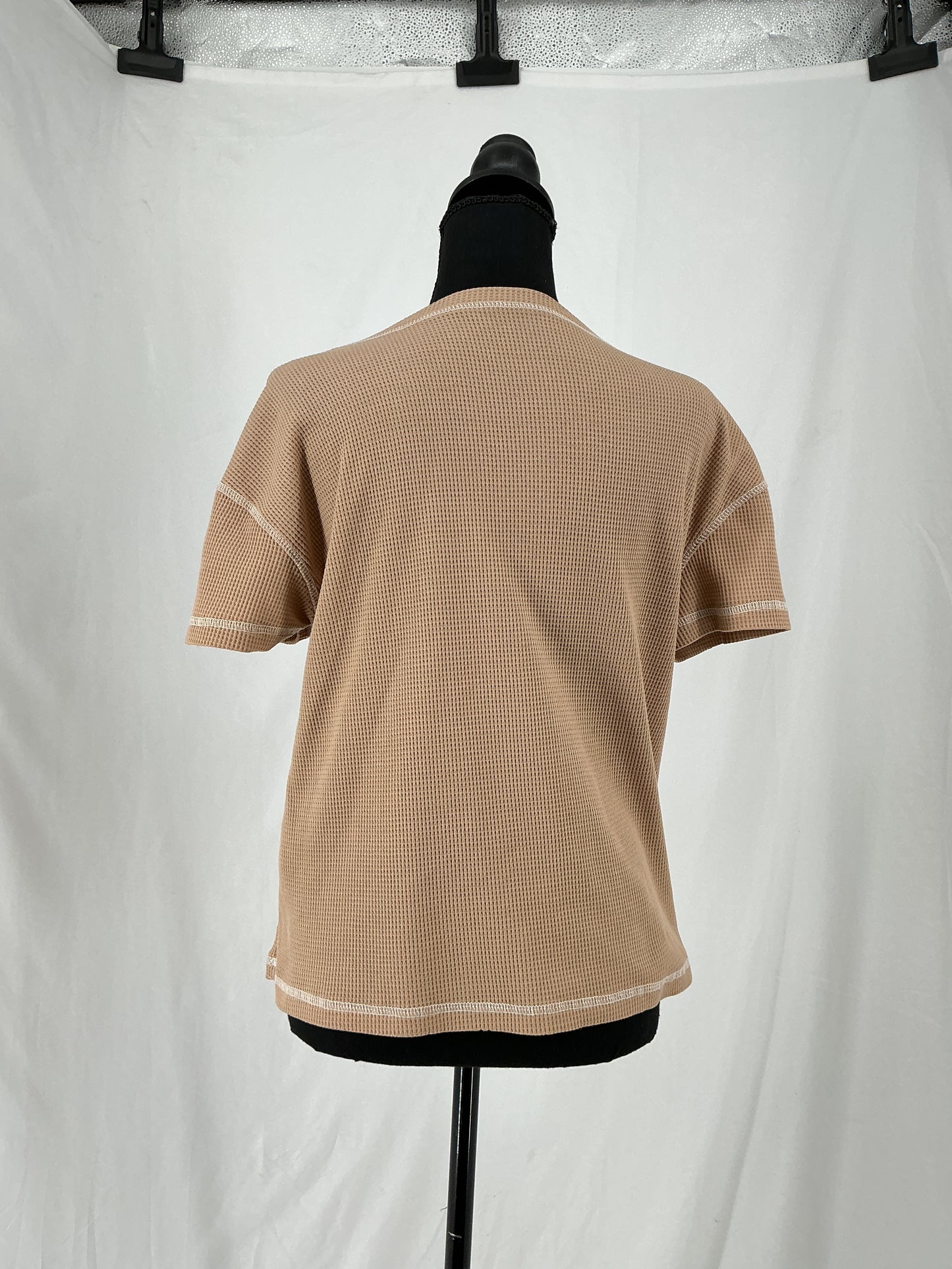 SHEIN Taupe Waffle Knit T-Shirt with Contrast Stitch Detail Size S