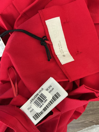 ZARA Bright Red Structured Pleated Midi Skirt Size M