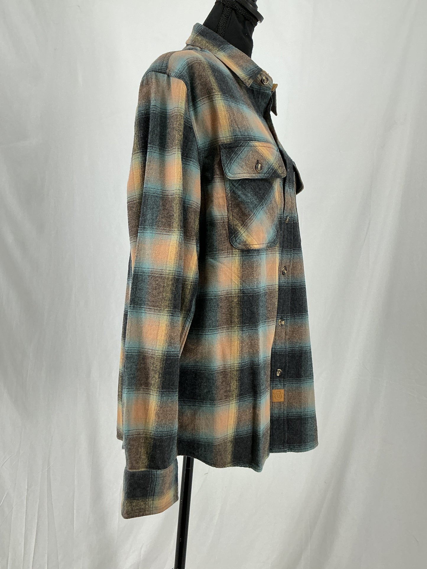 Teal and Tan Plaid Flannel Shirt with Chest Pockets Size M