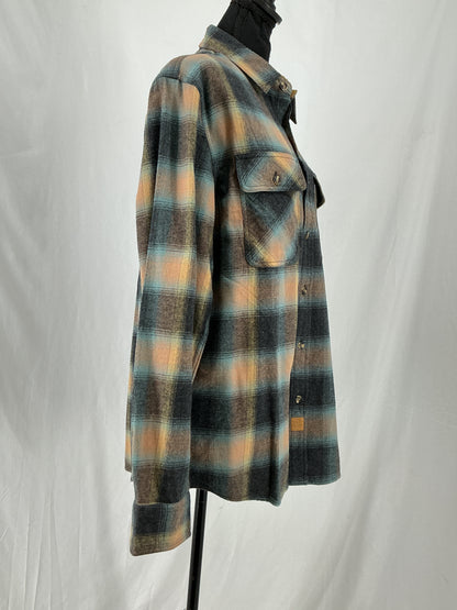 Teal and Tan Plaid Flannel Shirt with Chest Pockets Size M