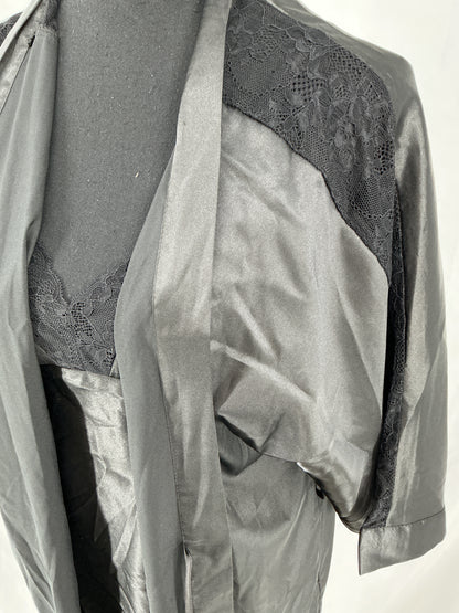 Women's Black Satin Short Robe Kimono Lace Sleeve Tie Front Lingerie Cover Up Size S