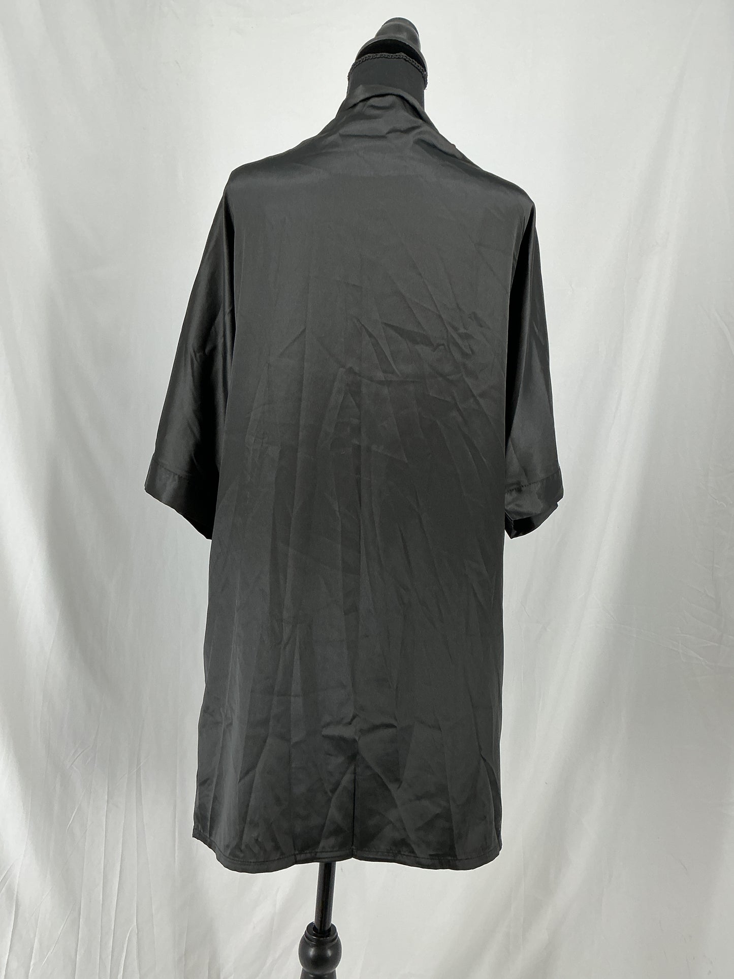 Women's Black Satin Short Robe Kimono Lace Sleeve Tie Front Lingerie Cover Up Size S