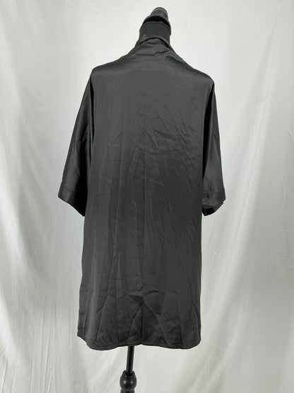 Women's Black Satin Short Robe Kimono Lace Sleeve Tie Front Lingerie Cover Up Size S