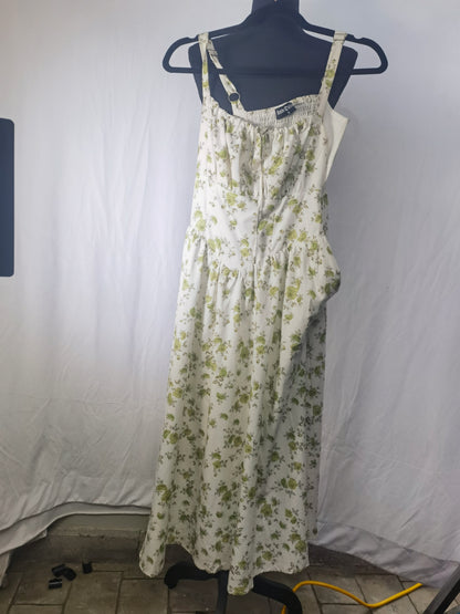 Women Floral Print Bohemian Dress Square Collar High Waist Zipper A-Line Midi Dresses, size S