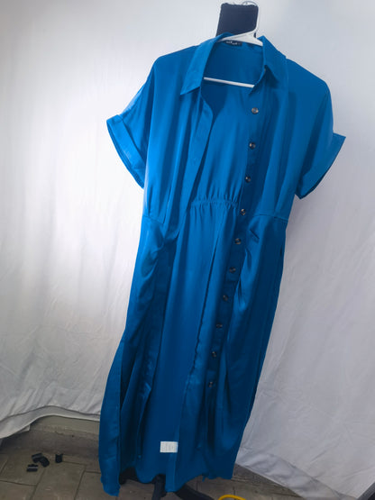 BTFBM 2025 Women Button Down Ruched Shirt Dresses Short Sleeve Lapel V Neck Elegant Party Spring Summer Maxi Satin Dress Size S