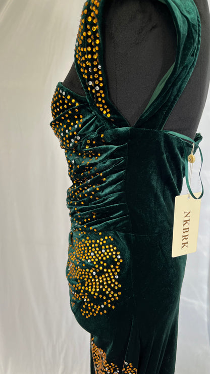 Green Off Shoulder Maxi Dress for Women Elegant Long Evening Gown with Ruched Bodycon Formal Wedding Guest Party size L