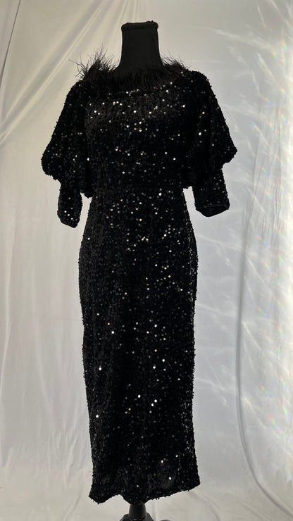 AOMEI Women's Black Puff Sleeve Velvet Glitter Embroidery Sequin Long Dress  Size M