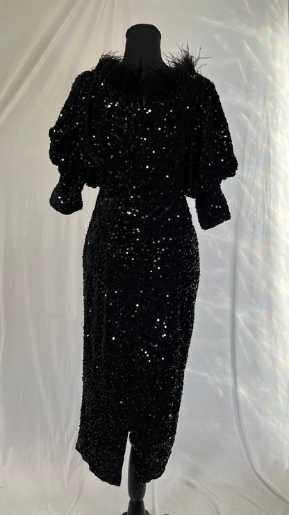 AOMEI Women's Black Puff Sleeve Velvet Glitter Embroidery Sequin Long Dress  Size M