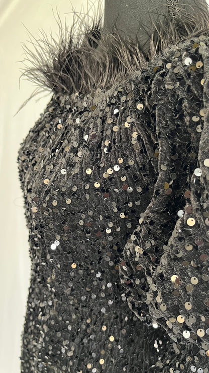 AOMEI Women's Black Puff Sleeve Velvet Glitter Embroidery Sequin Long Dress  Size M