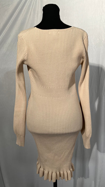 Women Mock Neck Ruffles Hem Mid Wool Dress Casual Solid Knit Fish Tail Pullover Dresses Size S