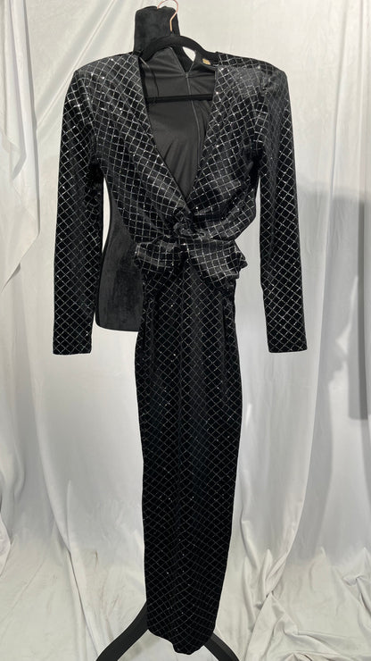 PINLI Plus Size 2 Piece Outfits for Women Deep V Neck Chain Printed Shirts with Belt and Loose Pants Party Clubwear Silver L size M