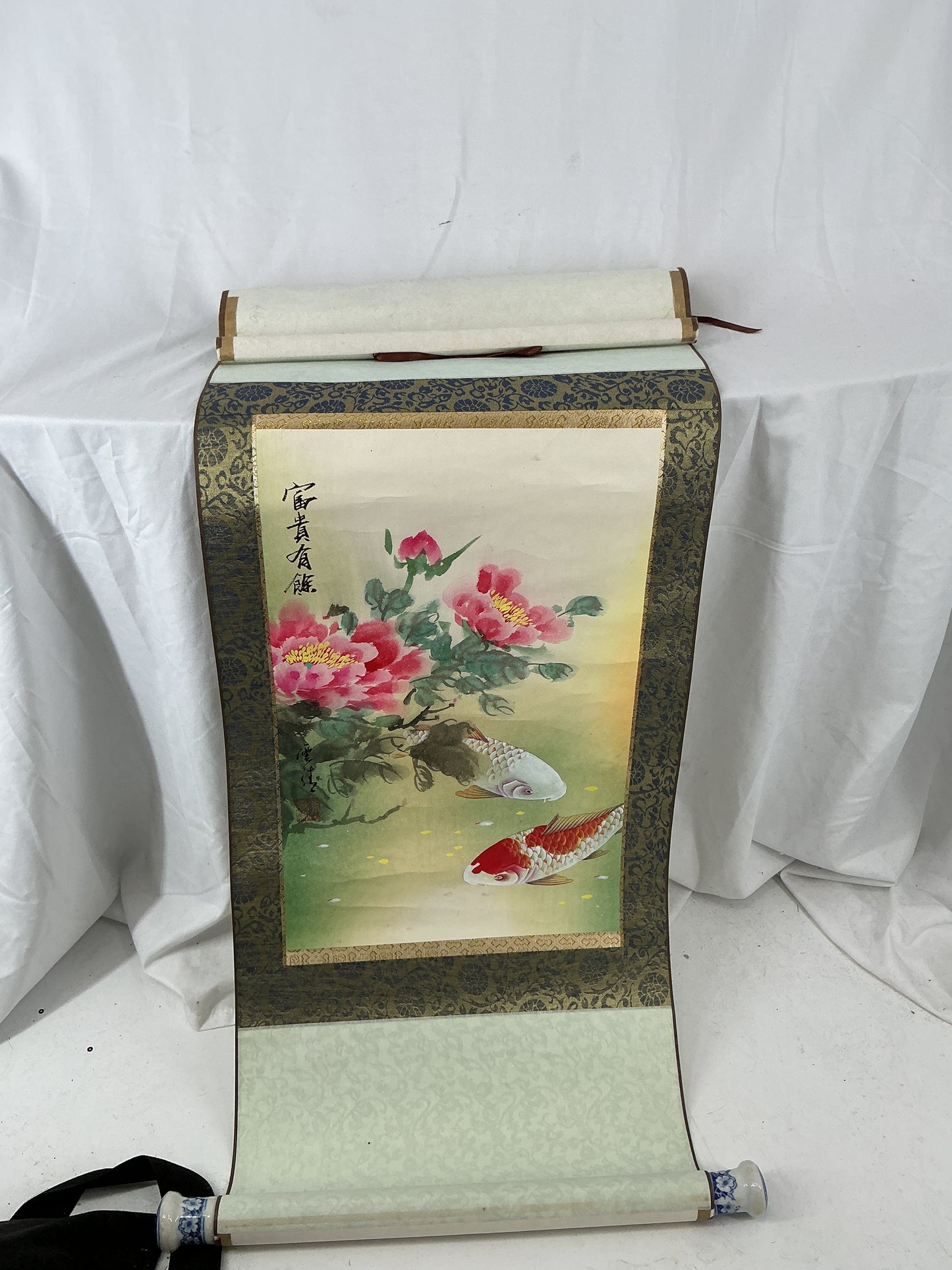 Elegant Chinese Koi Fish & Peony Silk Scroll Painting