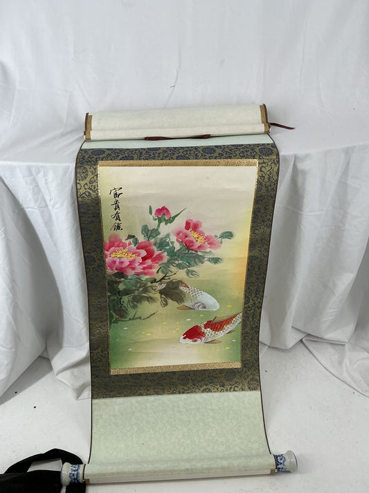 Elegant Chinese Koi Fish & Peony Silk Scroll Painting