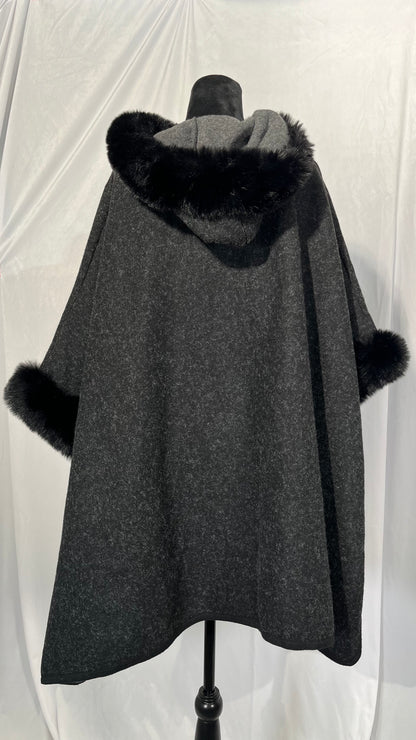 Ladies Faux Fur Cape Womens 3/4 Sleeves Fur Faux Trim Cape Poncho Cardigan Cloak Poncho Fur Shawl Wrap Stole Fashion Oversize Size No