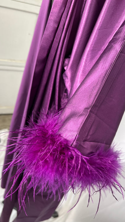 MissNina Women's Satin Kimono Robe with Ostrich Feather Trim Silk Robes Bridesmaid Robes Bridal Party Sleepwear  Size No