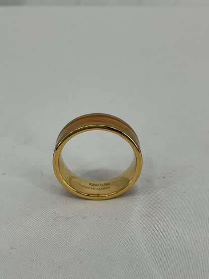 King Will 8mm Men's Gold Tungsten Carbide Ring with Red Wood/Sandstone Inlay, Polished Comfort Fit Wedding Band