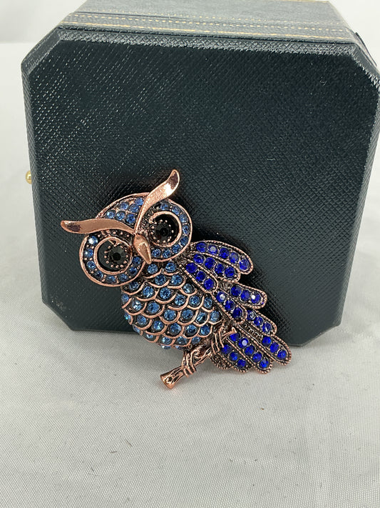Boho-Chic Sapphire Crystal Owl Brooch