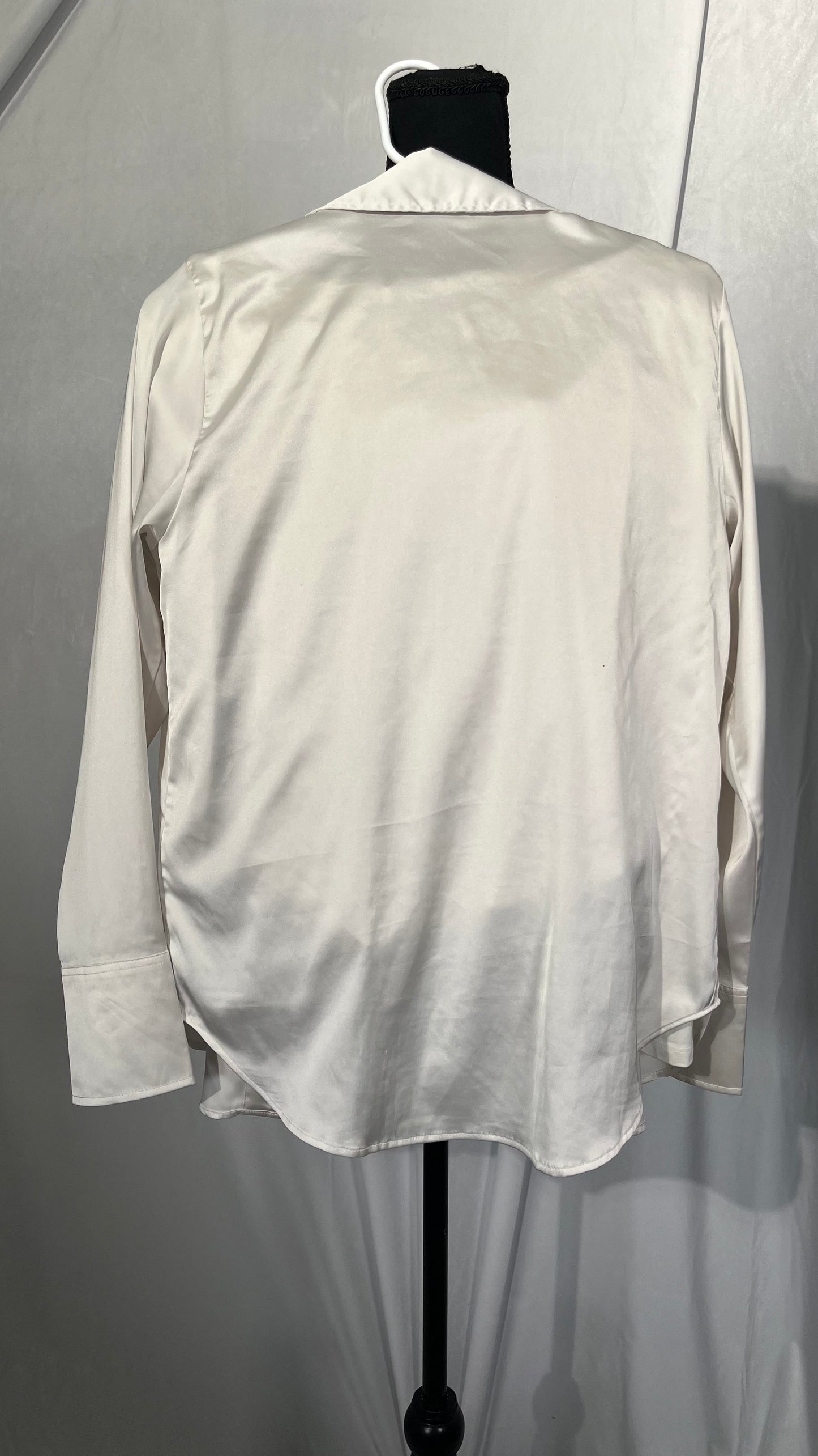 Women Long Sleeve Silk Shirts Ruffled Stand Collar Single Breasted Top Thin Solid Shirts Size S