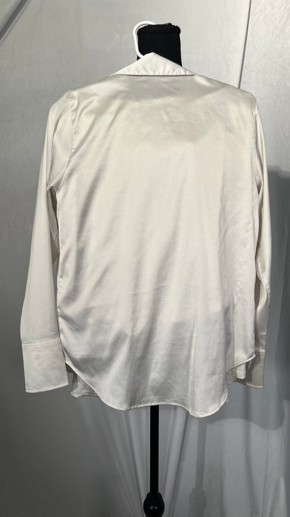 Women Long Sleeve Silk Shirts Ruffled Stand Collar Single Breasted Top Thin Solid Shirts Size S