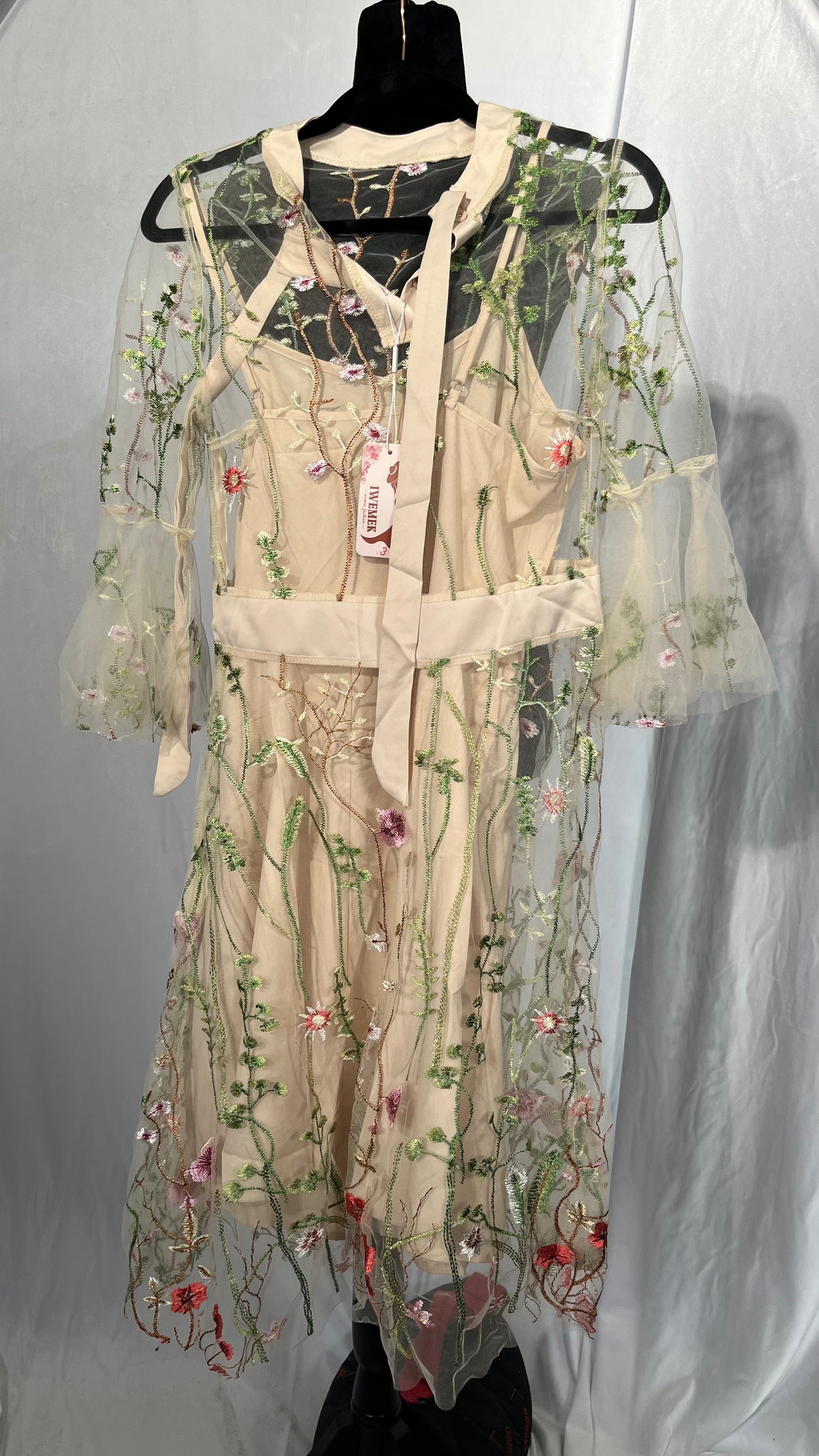 IWEMEK Women Mesh Floral Embroidery Vintage Cocktail Swing Dress Illusion 50s Goth Flared A line Casual Wedding Prom Evening Dress Size No