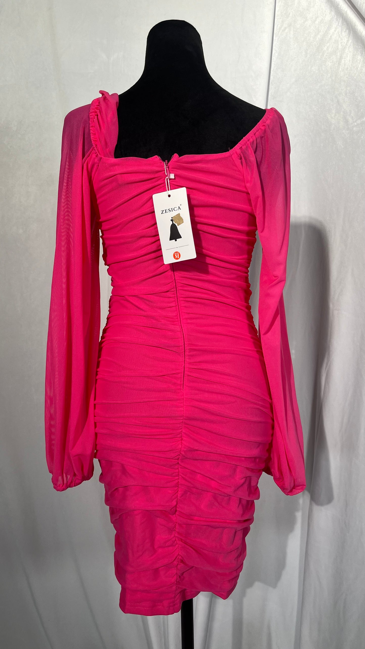 WAFIYAH FASHION Fuchsia Pink V-Neck Knitted Dress, Long Sleeves, Knee Length Size M