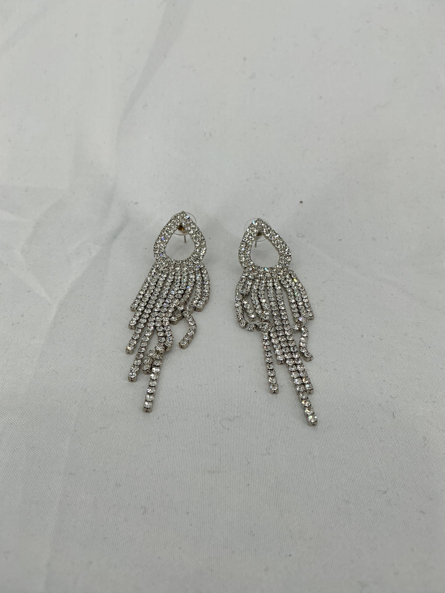Silver rhinestone long tassel earrings