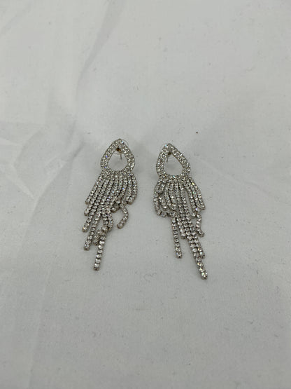 Silver rhinestone long tassel earrings